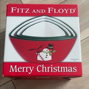 New Fitz and Floyd Red and Green Snowman nesting Bowl Set